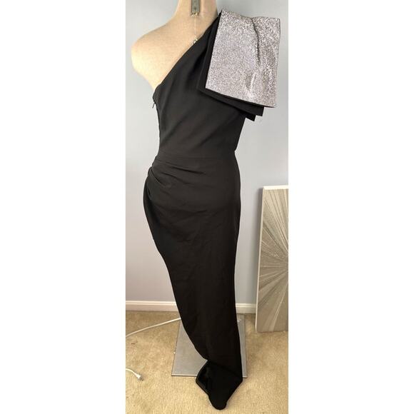 Bronx and Banco Stella One Shoulder Bow Crystal Embellished Black Maxi Gown Sz M - Picture 6 of 8